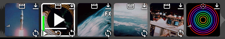 A row of Clip thumbnails; the playing one has a green audio level meter along its left edge