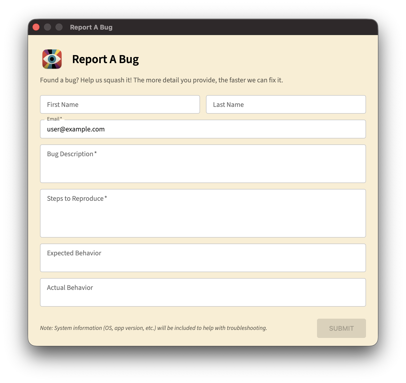 Bug Report window with fields for description, steps to reproduce, expected behavior, and actual behavior
