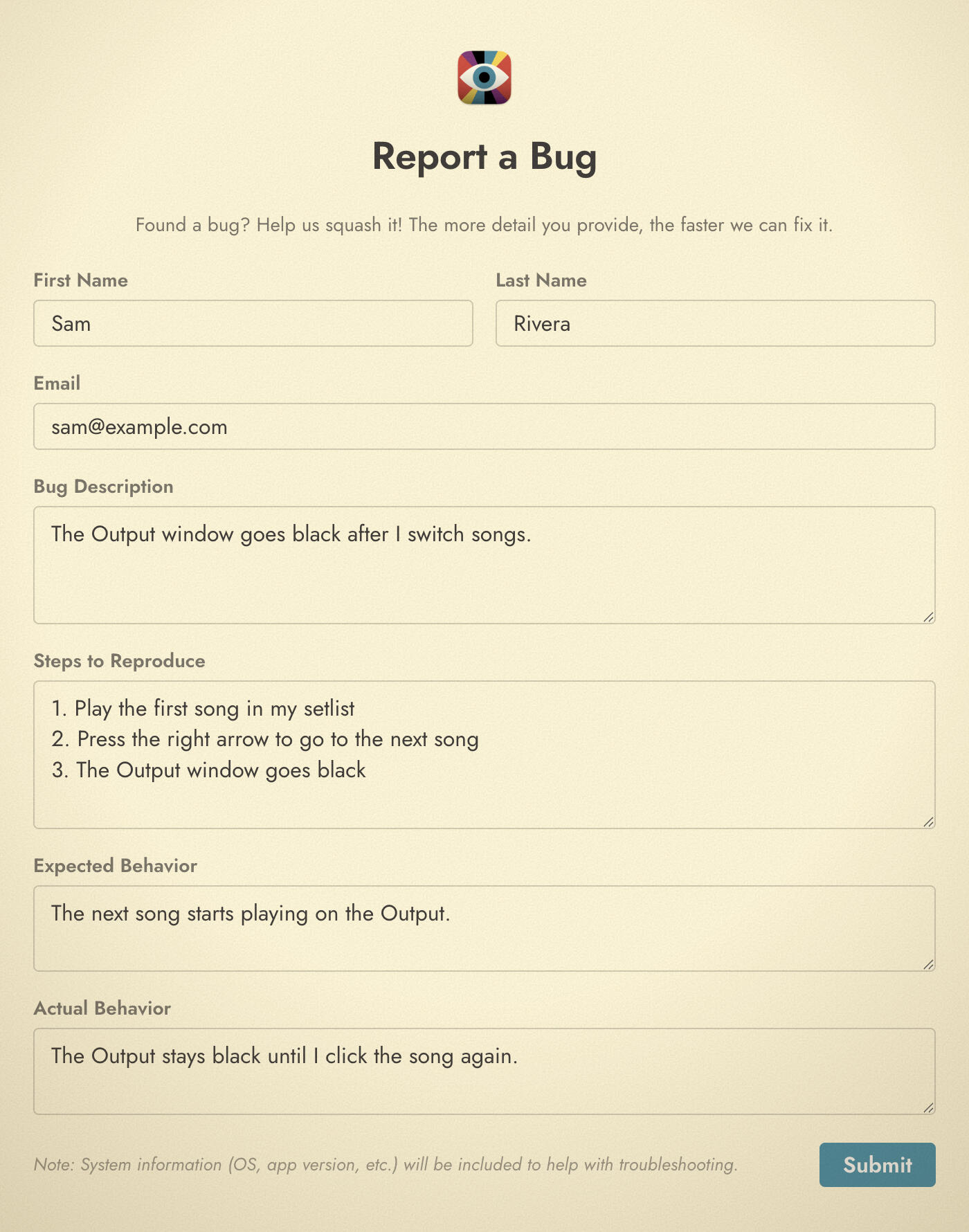 Bug Report window with fields for description, steps to reproduce, expected behavior, and actual behavior