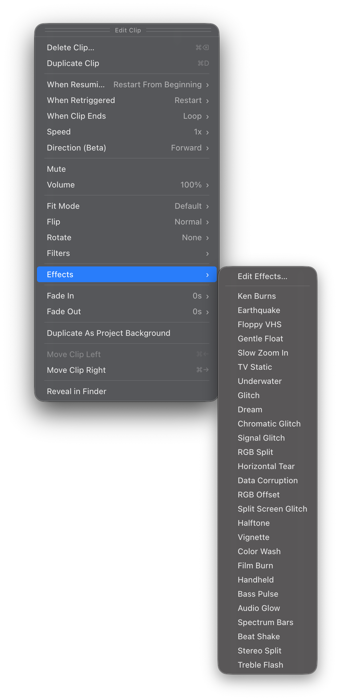Clip context menu showing the Effect submenu with effect categories