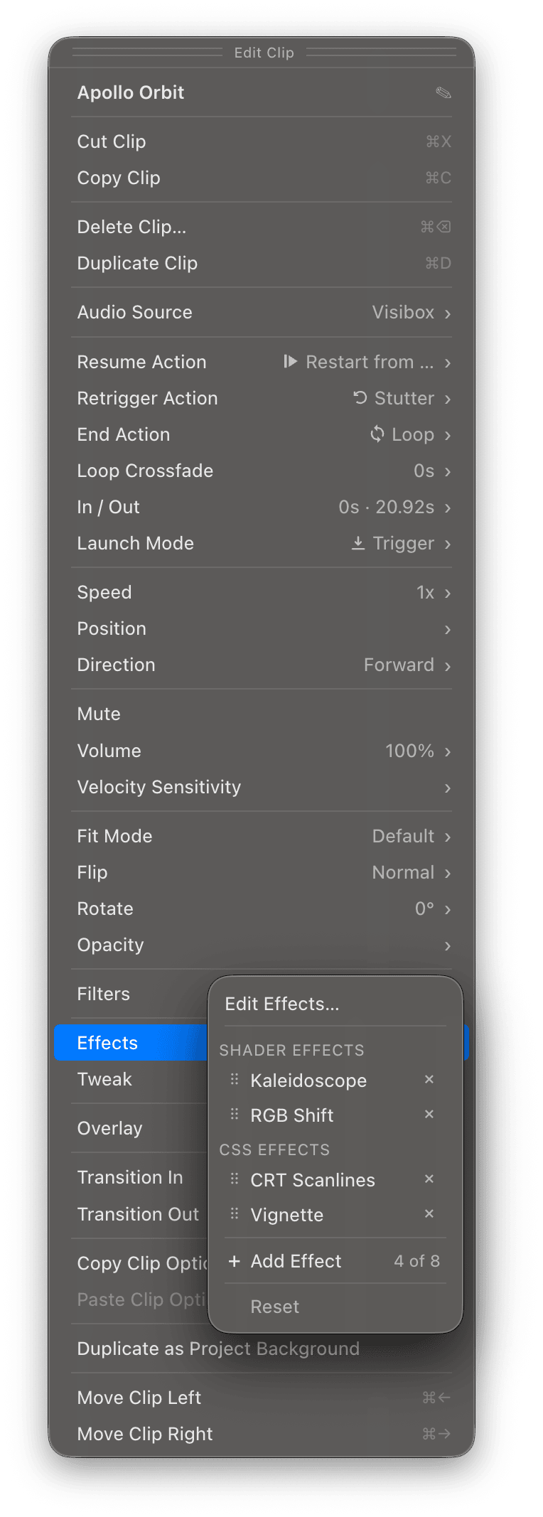 Clip Editor Panel showing the Effects row and the Clip's effect stack