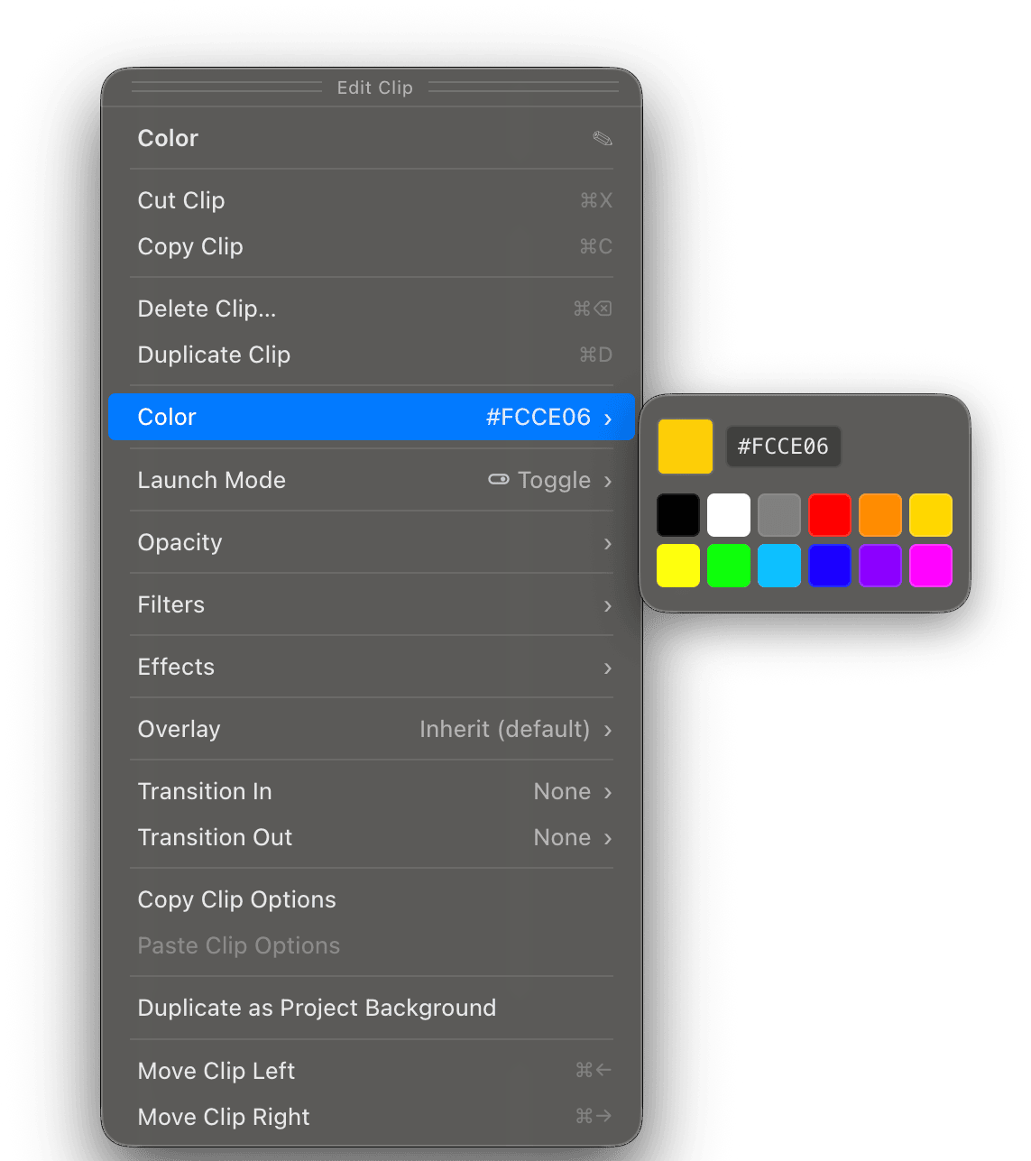 The color picker for choosing a Color Clip's color
