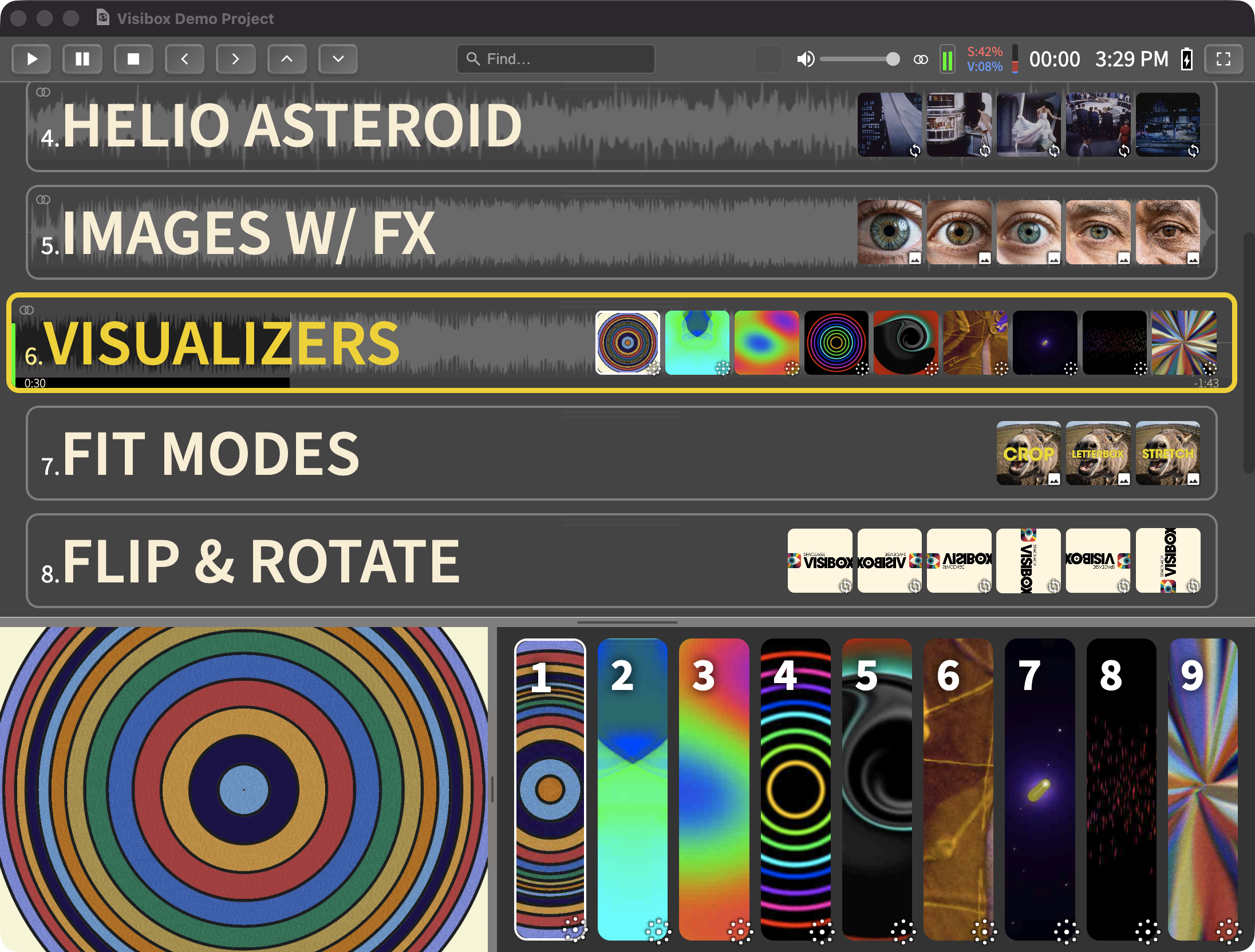 Controller window showing a Song with video Clips and a Visualizer Clip identified by its icon