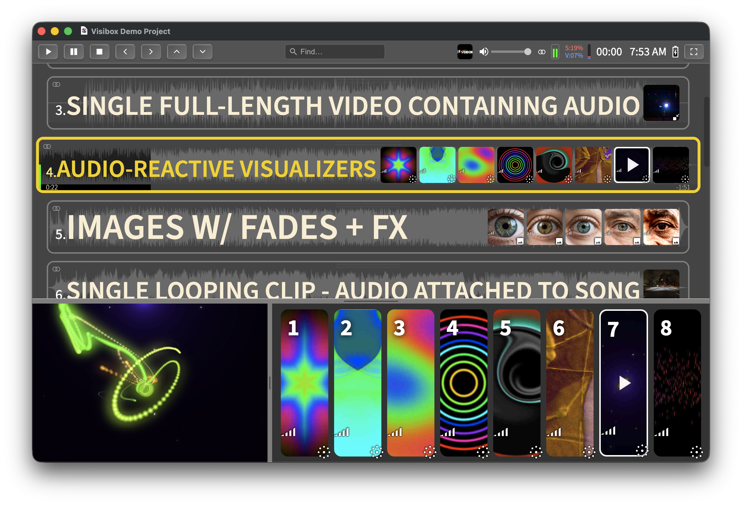 Controller window showing a Song of audio-reactive Visualizer Clips, with one playing in the preview