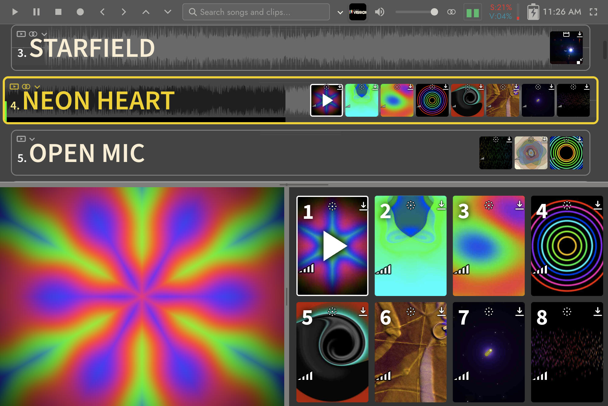 Controller window showing a Song of audio-reactive Visualizer Clips, with one playing in the preview