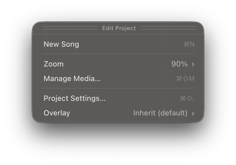 The Edit Project panel showing New Song, Zoom, Manage Media, and Project Settings