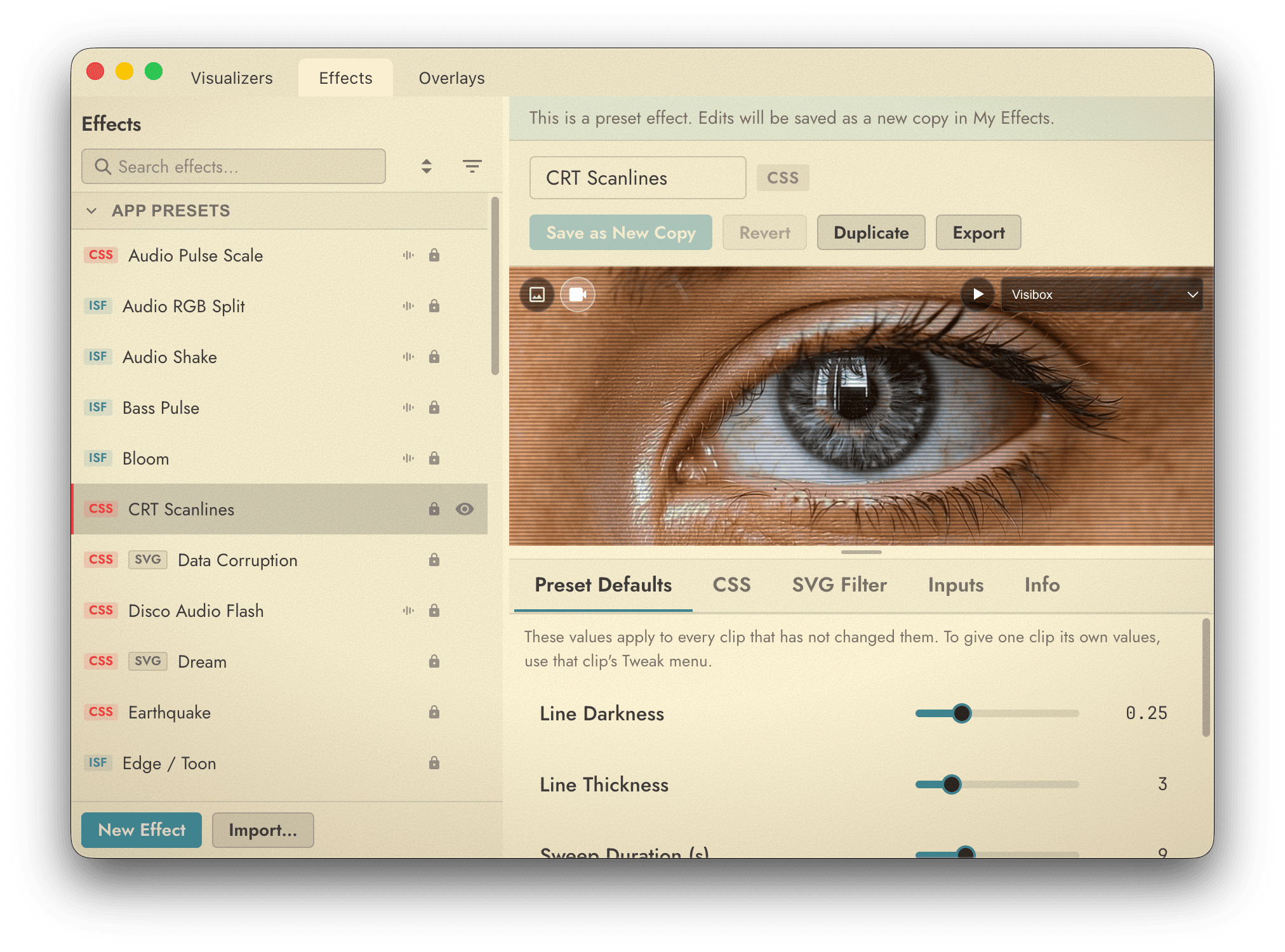 The Editor Window showing the tab strip with Effects, Visualizers, and Overlays