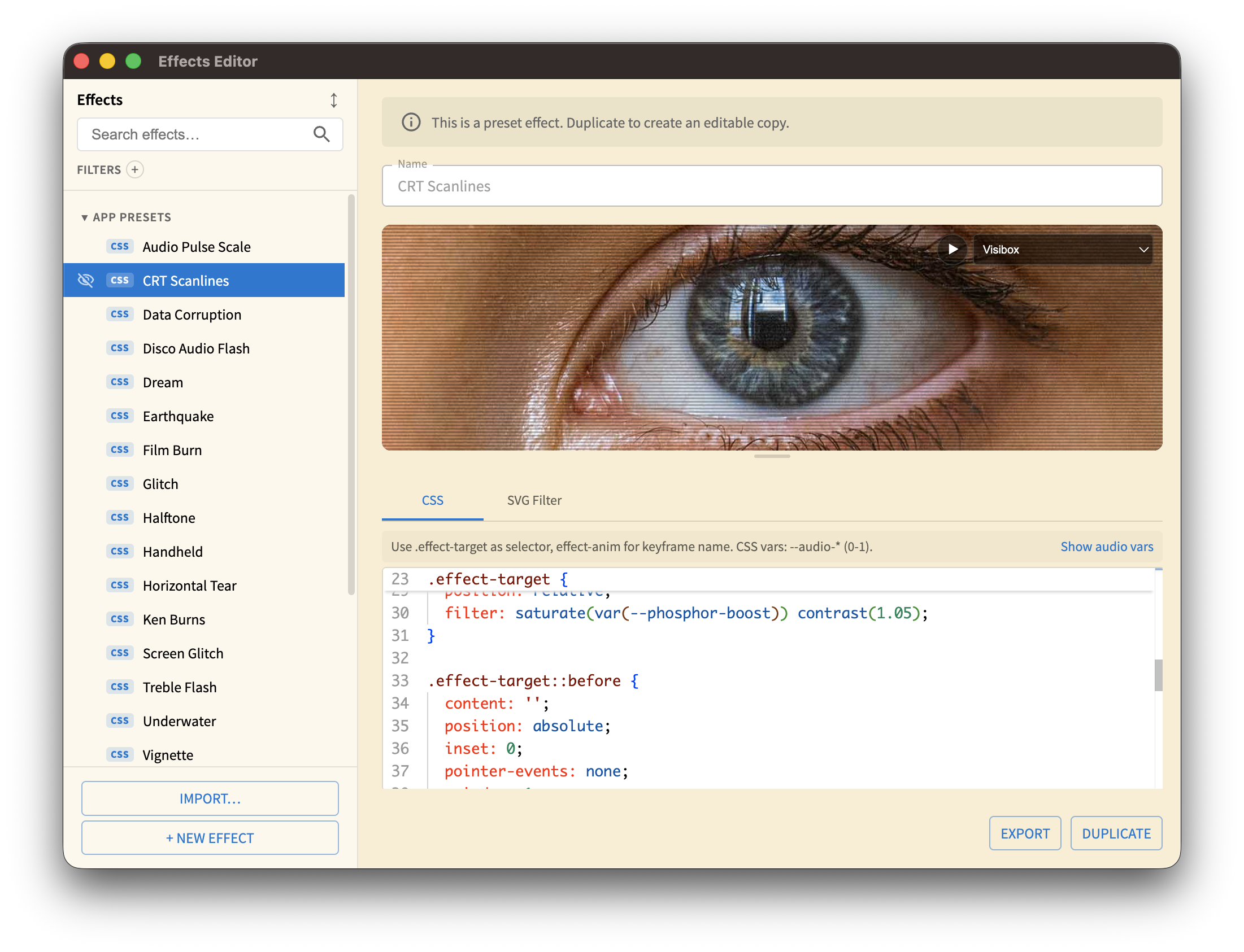 Effects Editor window with preset list on the left and CSS code editor on the right
