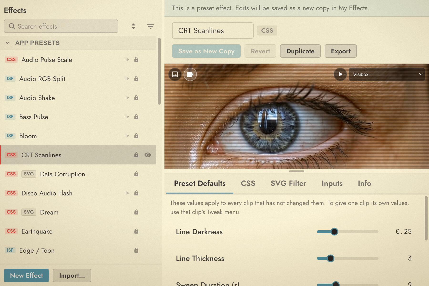 The Effects editor with the preset list on the left and the code editor on the right