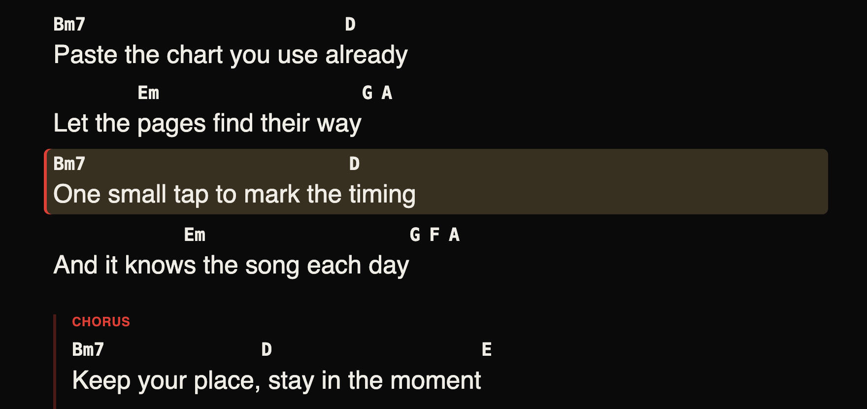 The Lyrics window showing a chord sheet with chords above the lyric lines