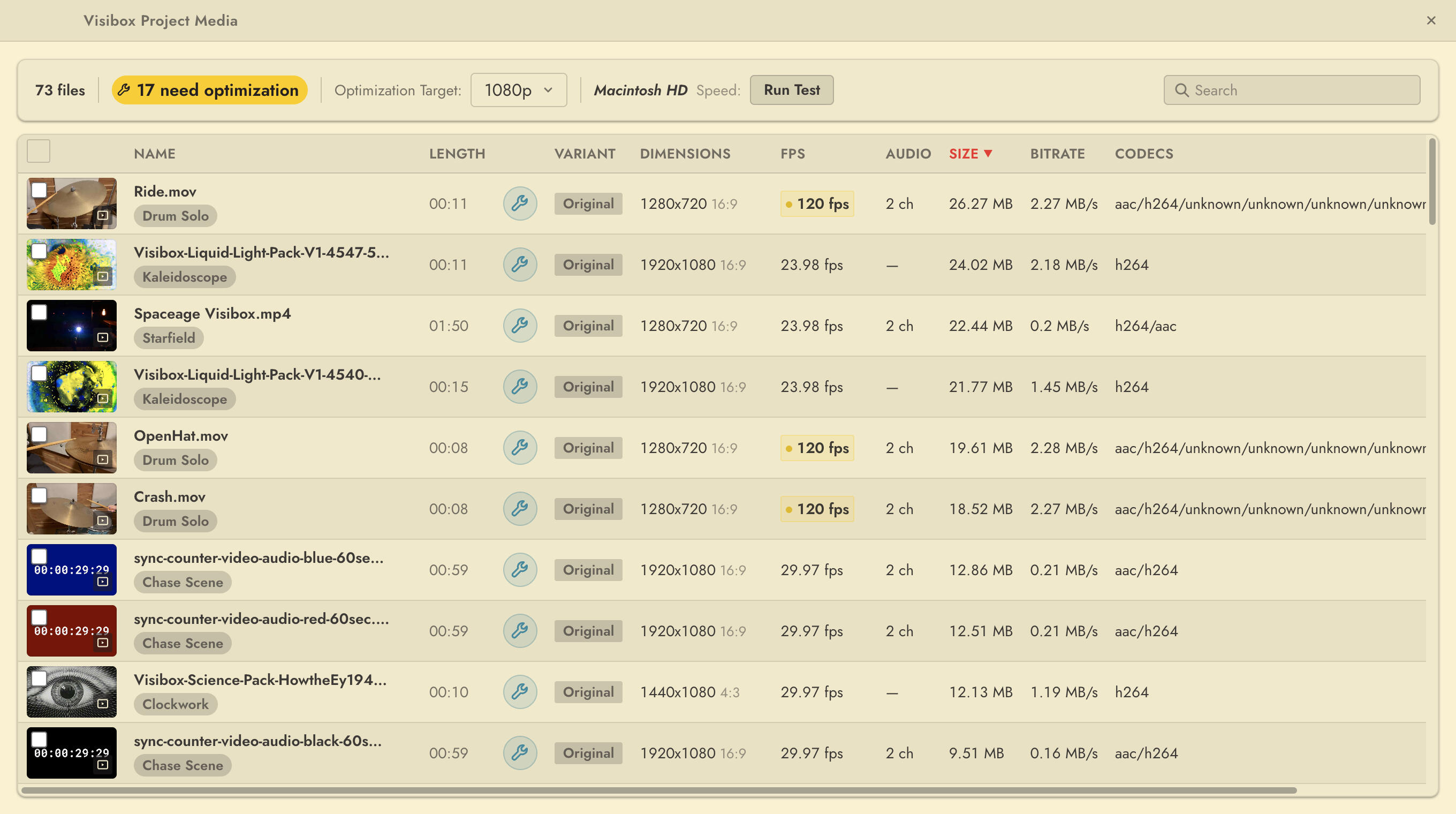 The Media Overlay listing a Project's media files with their optimization status
