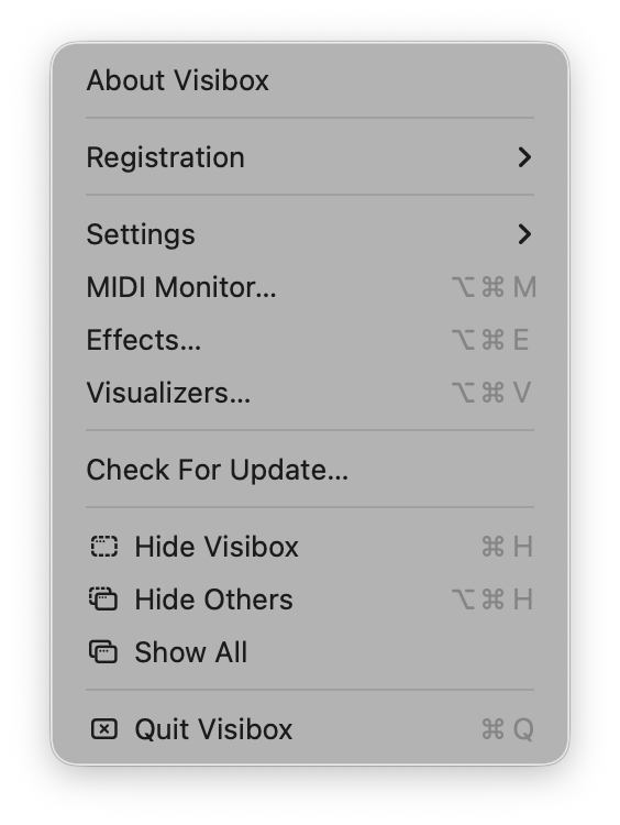 Visibox Application Menu and Settings