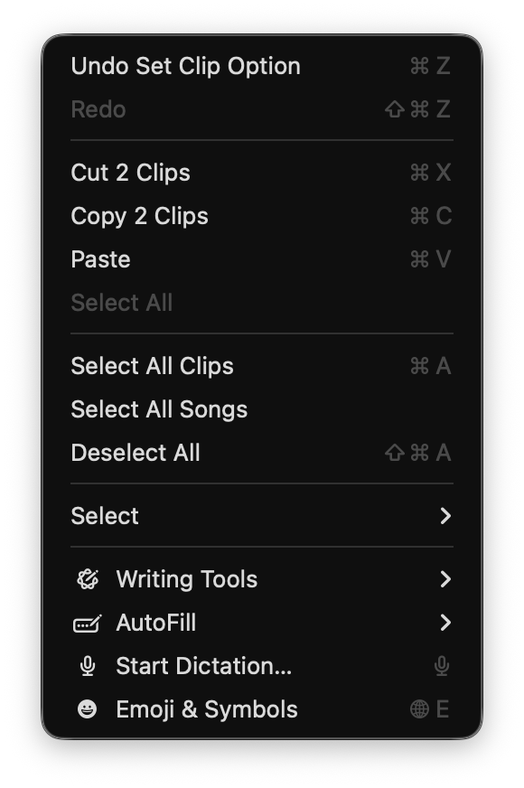 The Edit menu with Clips selected, showing Cut and Copy renamed to count them