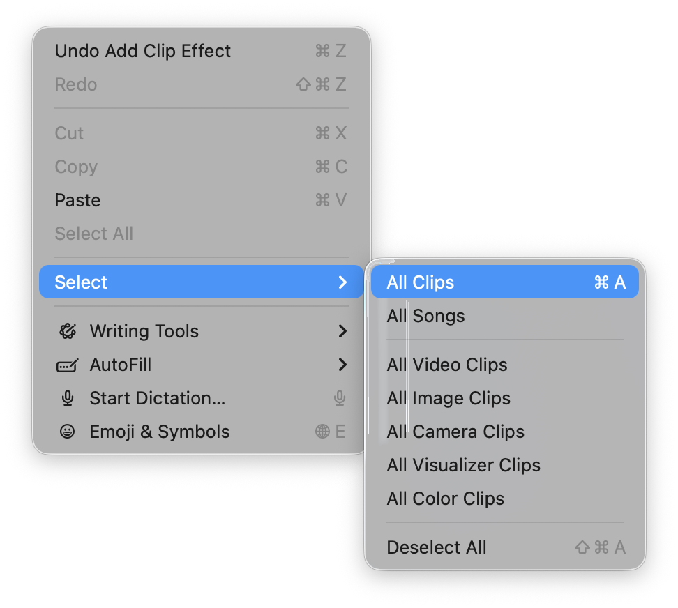 Edit Menu with Select submenu