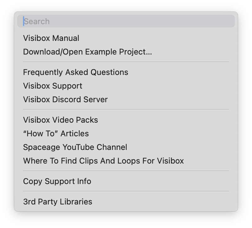 Visibox Help Menu