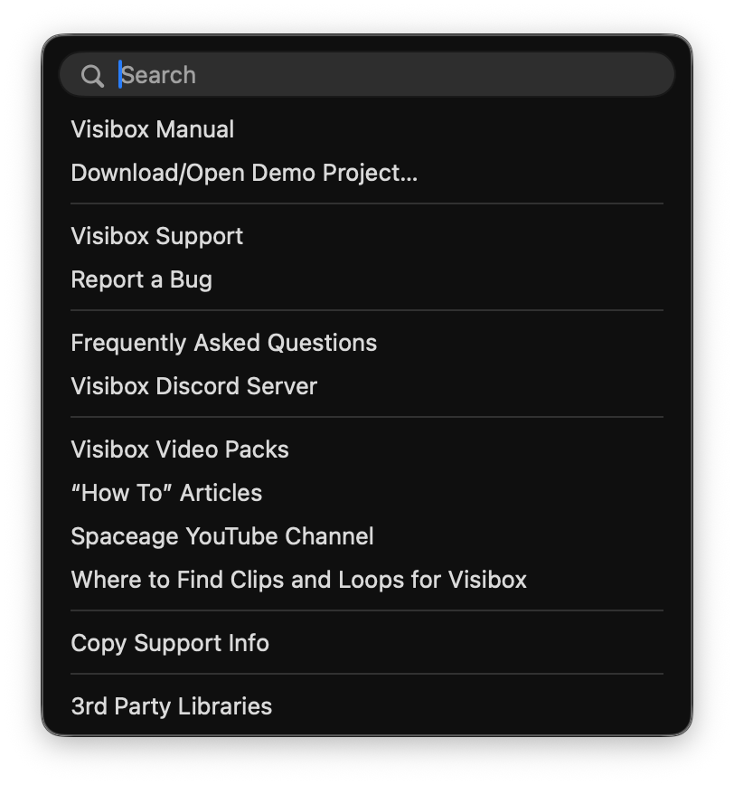 Visibox Help Menu