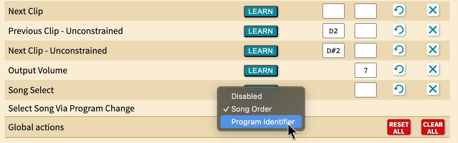 The MIDI Map screen with the Program Change settings