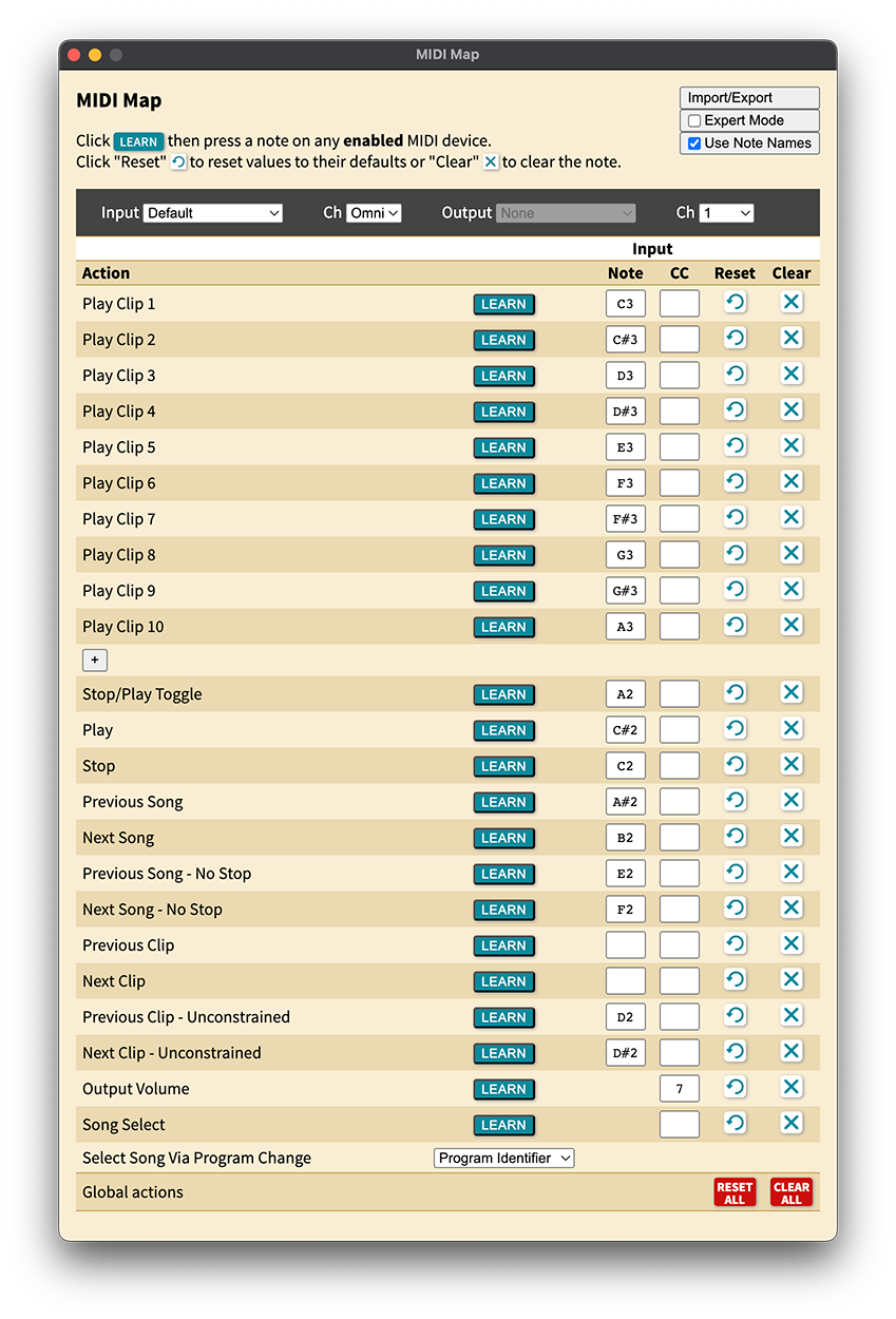 The MIDI Map screen