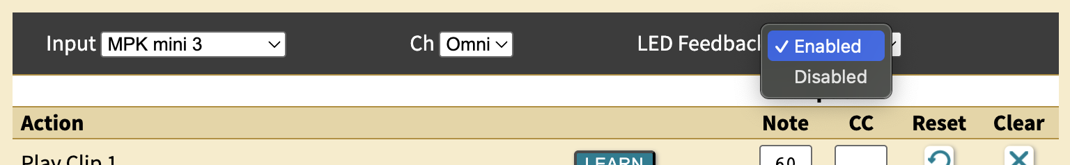 MIDI Map with Feedback toggle