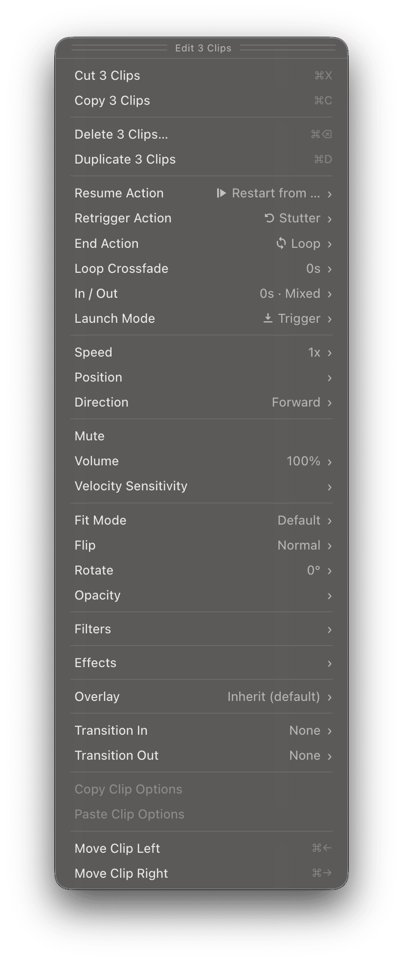 The Clip Editor Panel titled Edit 3 Clips, listing the options the selected Clips share
