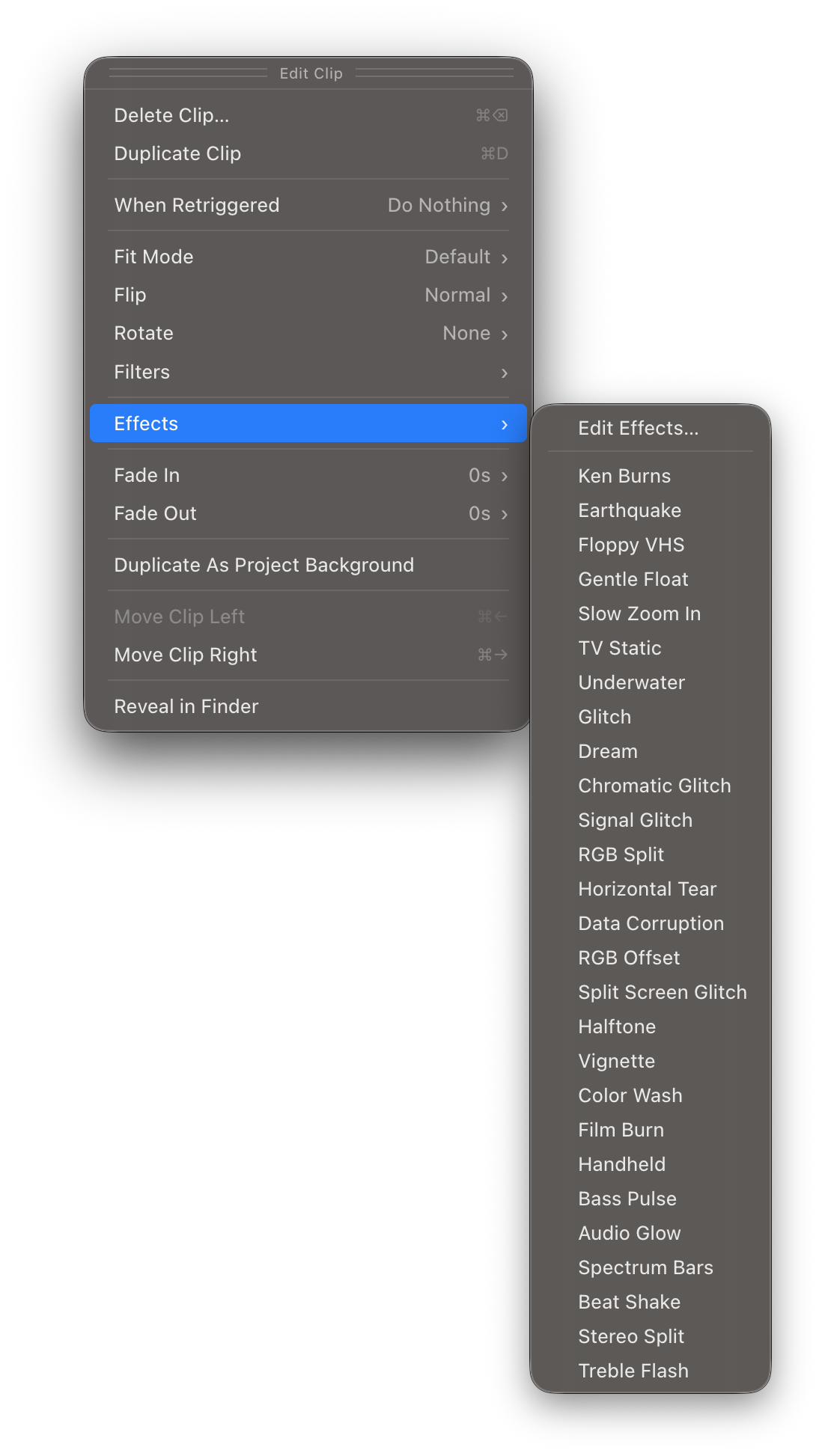Clip context menu showing multiple Effect layers with toggle switches
