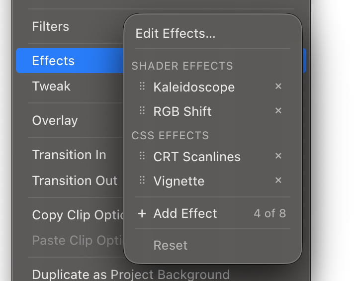 The effect stack panel with several Effects on one Clip