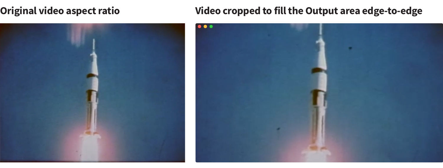 Comparison of original video dimensions and cropped view in the Output window