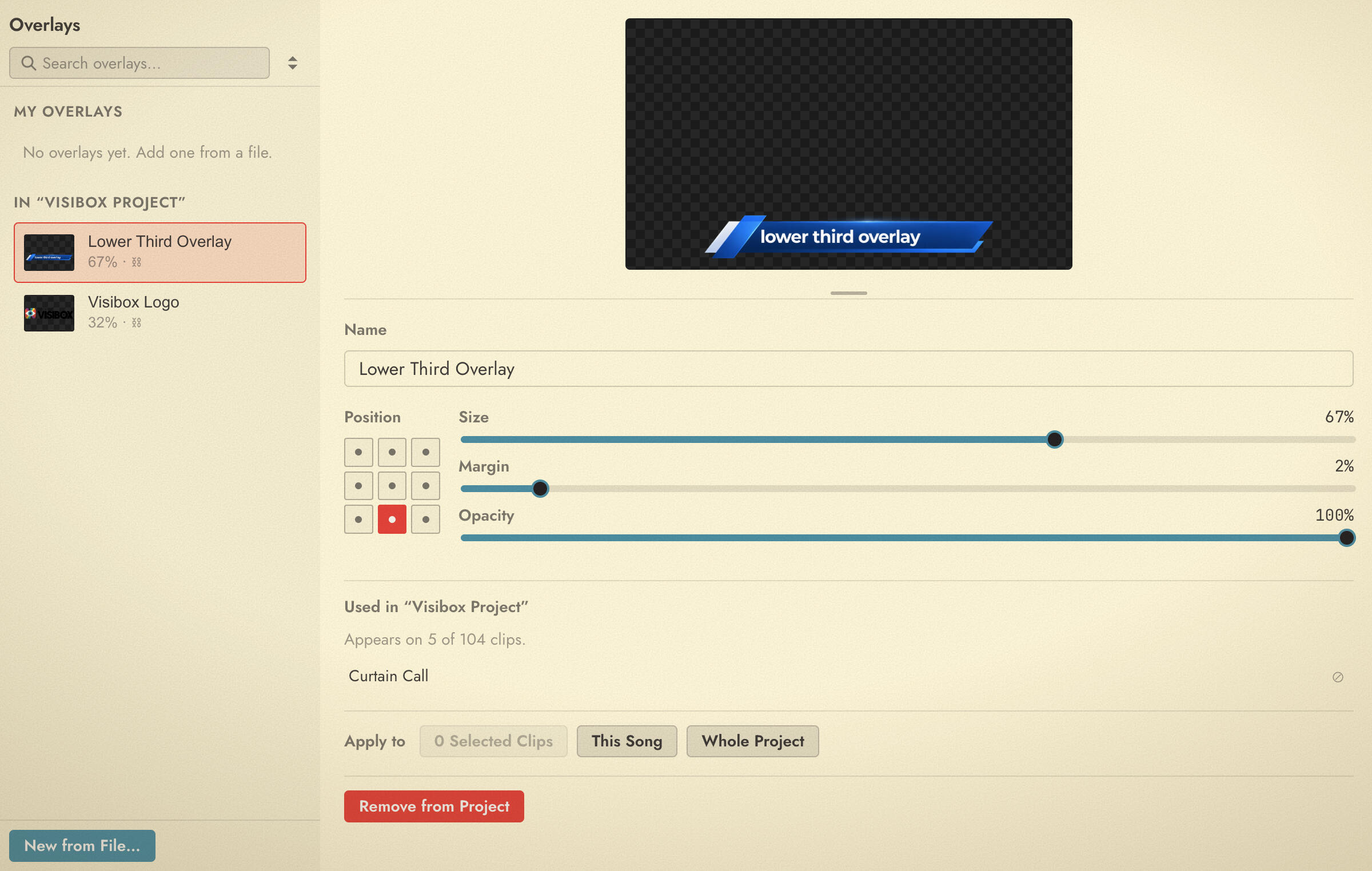 The Overlays Editor with the Overlay library on the left and the preview and layout controls on the right