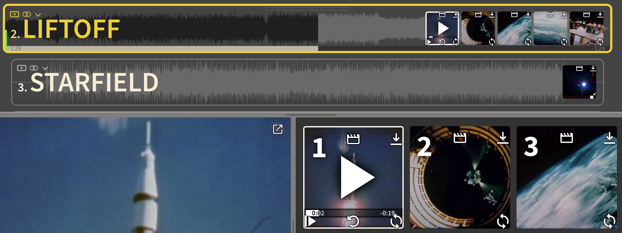 A playing Song row and Clip tile, each with elapsed time at the left of its progress bar and remaining time at the right