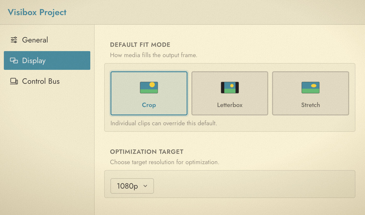 The Project Settings window showing the category rail on the left and the Default Fit Mode tiles