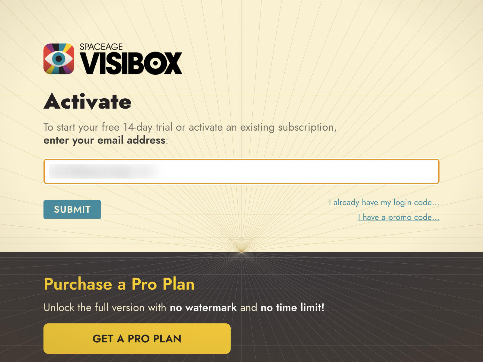 The Visibox Activate screen with an email field, a Submit button, and links for a login code or a promo code