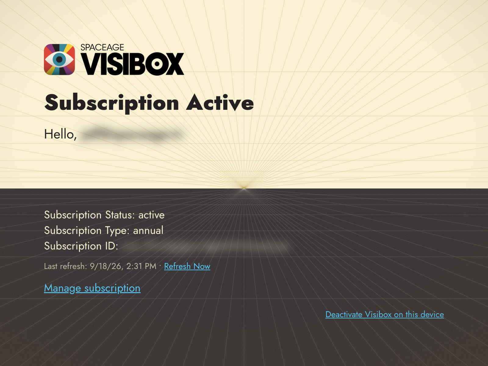 The Visibox Registration window showing subscription status, plan details, and account links