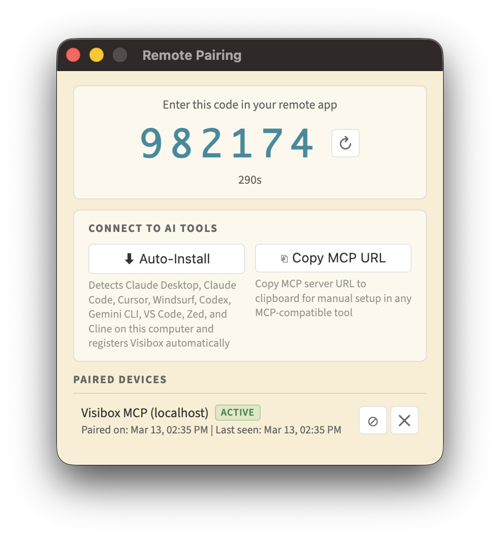Remote Pairing window showing the OTP code, AI tool auto-install, and paired device list