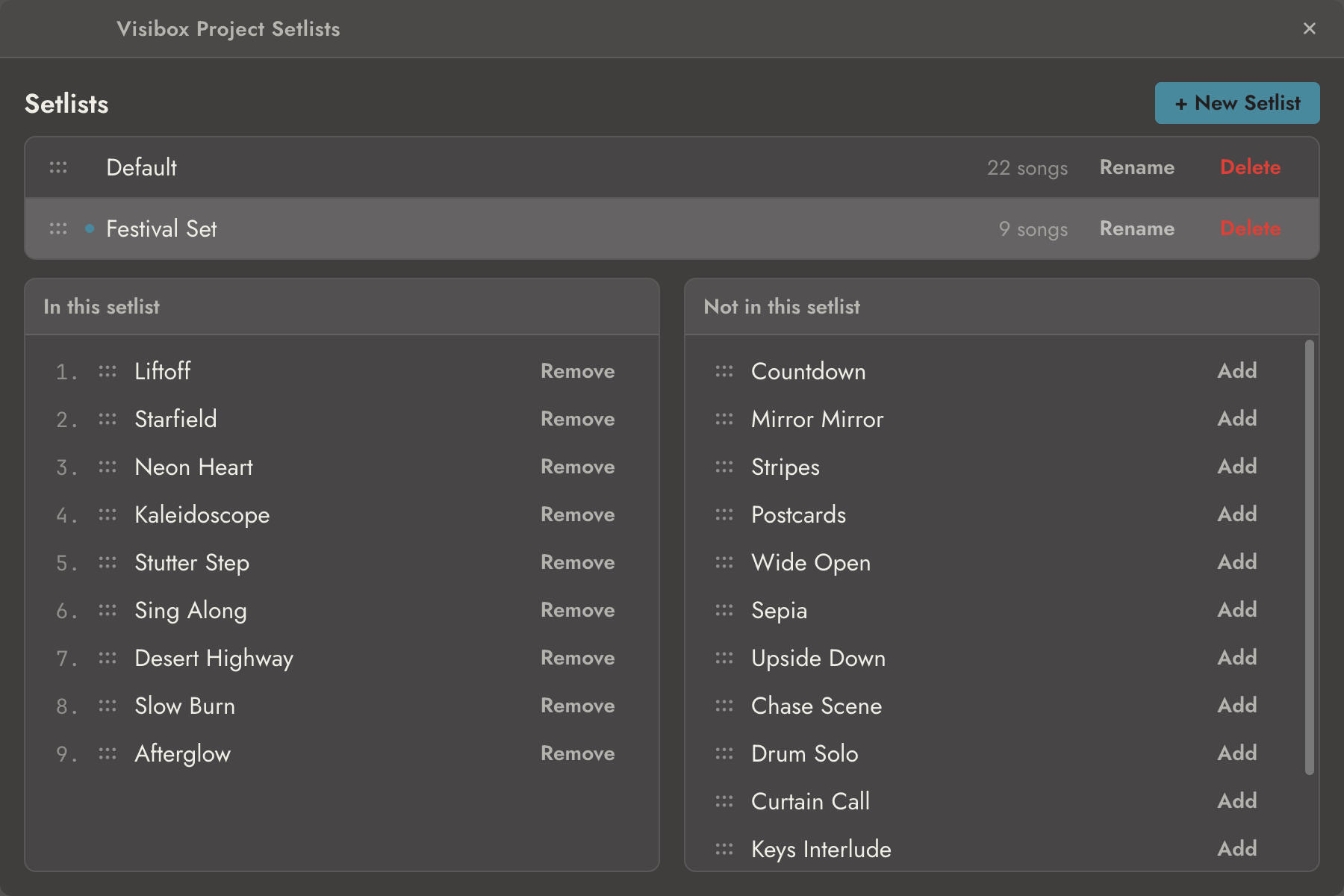 The Setlists window, showing the list of Setlists on the left and the two Song columns on the right