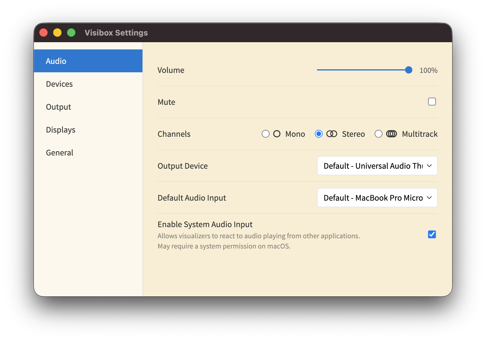 Audio section showing volume slider, output device, channel mode, and system audio input toggle
