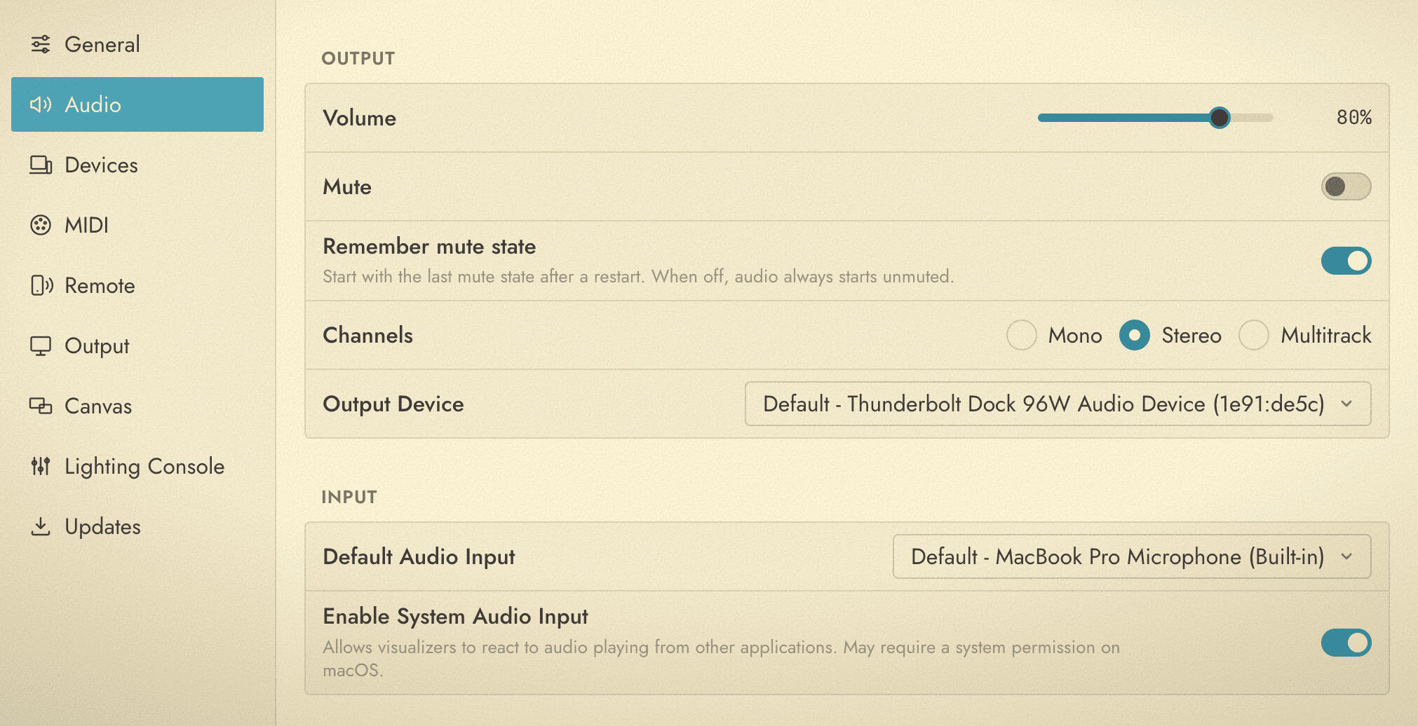 The Audio tab of the Settings window, with Output and Input sections