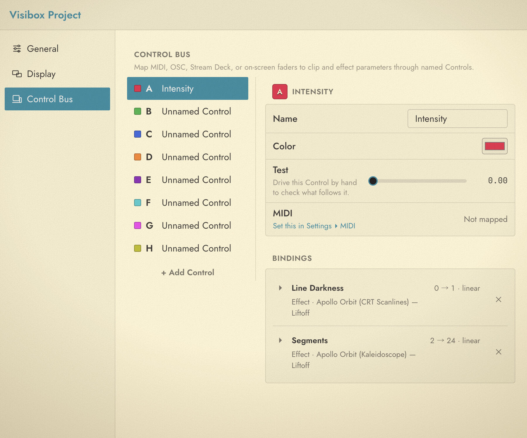 The Project Settings window on the Control Bus tab, with the Control list on the left and one Control's bindings on the right