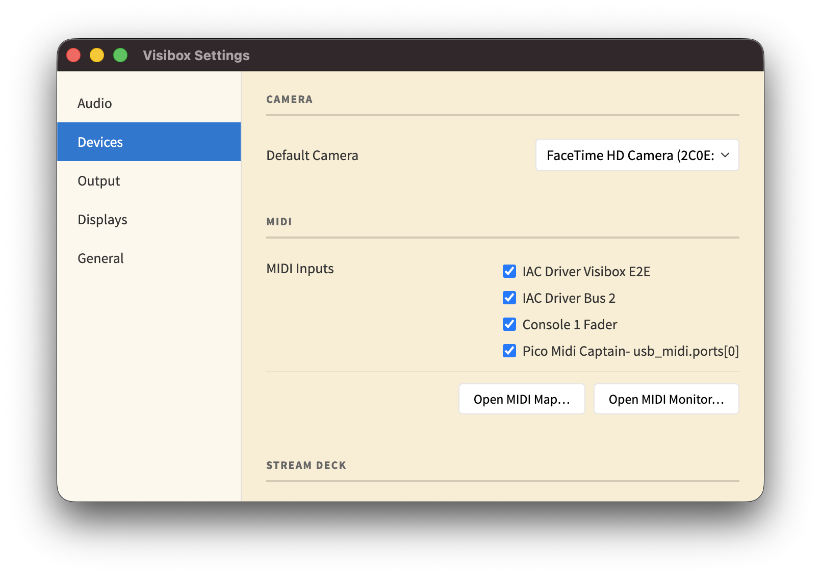 Devices section showing camera, MIDI inputs, and Stream Deck mode settings