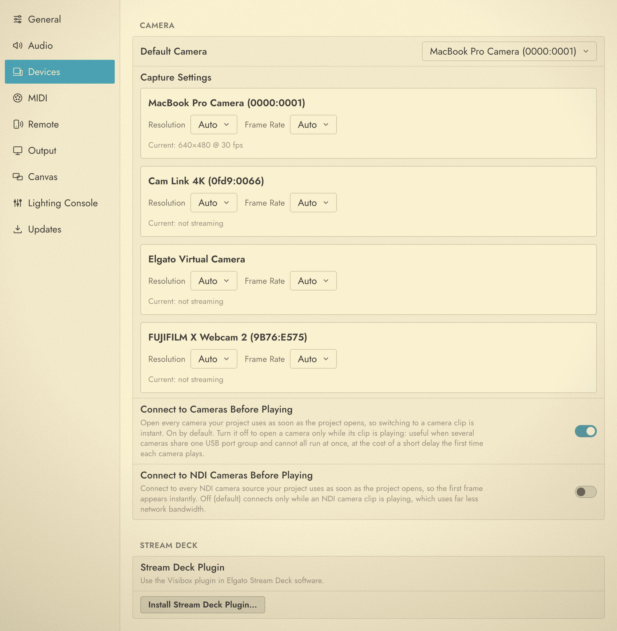 The Devices category of the Settings window, showing the Camera and Stream Deck sections