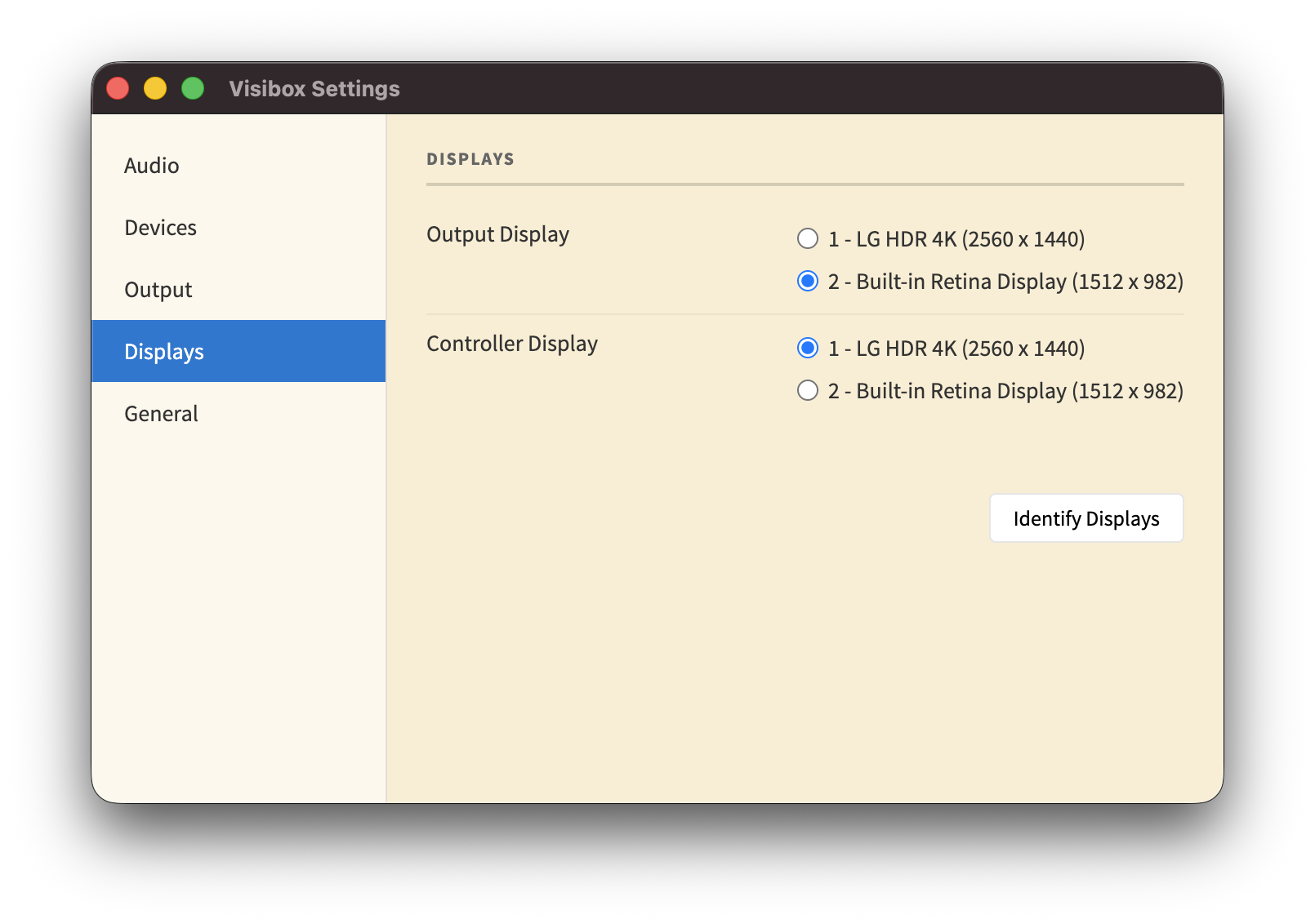 Displays section showing Output Display and Controller Display radio selectors