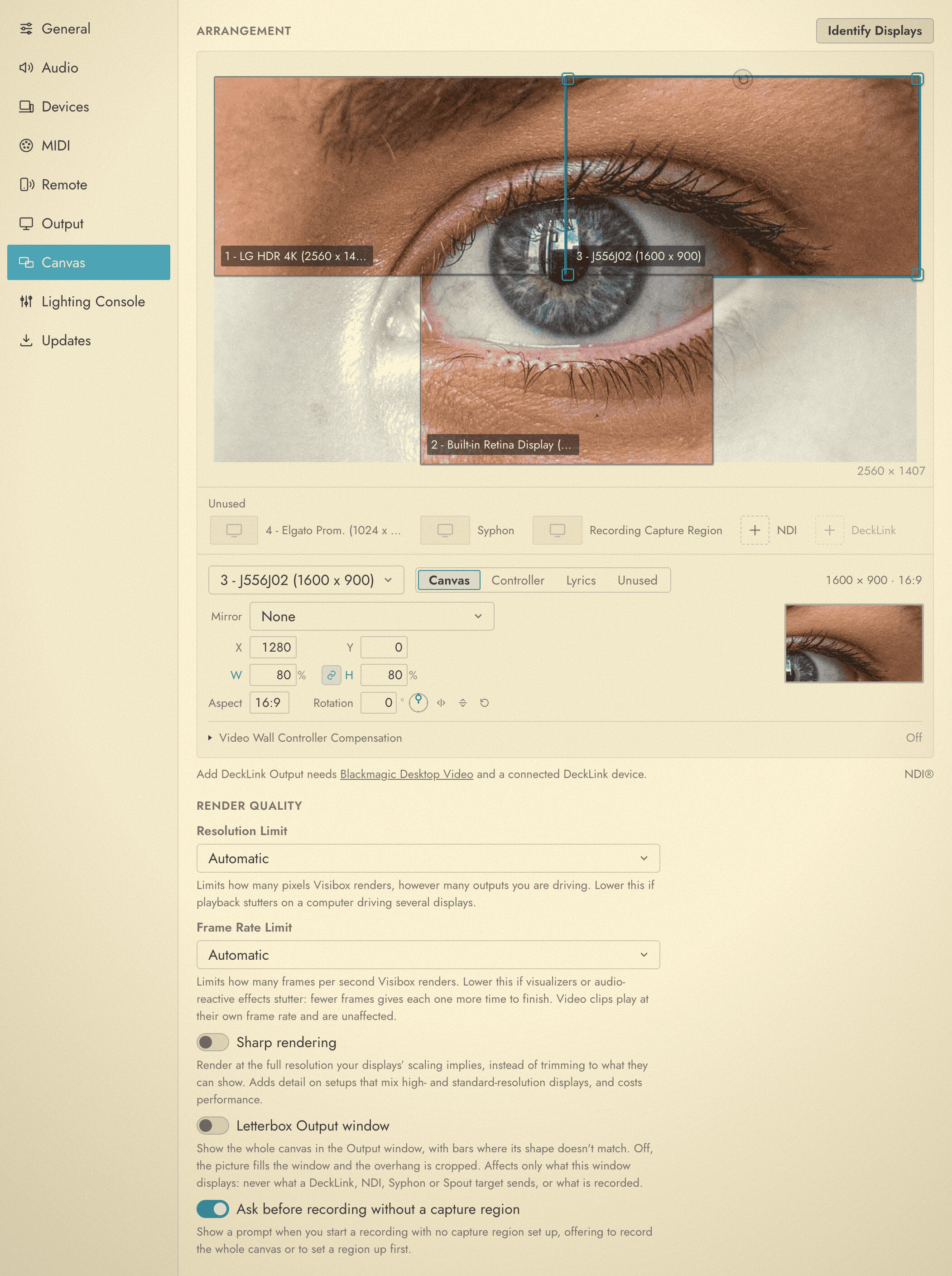 The Canvas tab of the Settings window with the arranger, the Unused tray, and the Transform panel