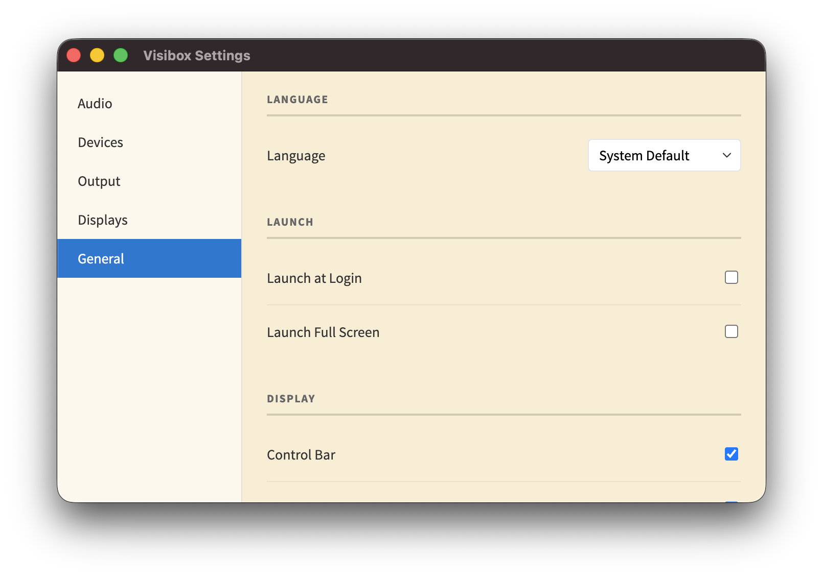 General section showing Language, Launch, Display, and other options