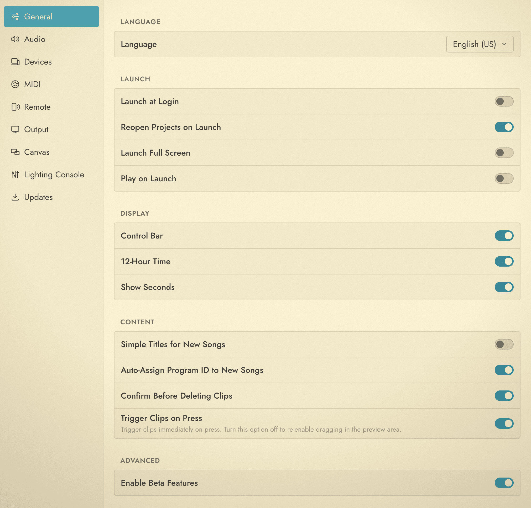 The General category of the Settings window, showing the Language, Launch, Display, Content and Advanced sections