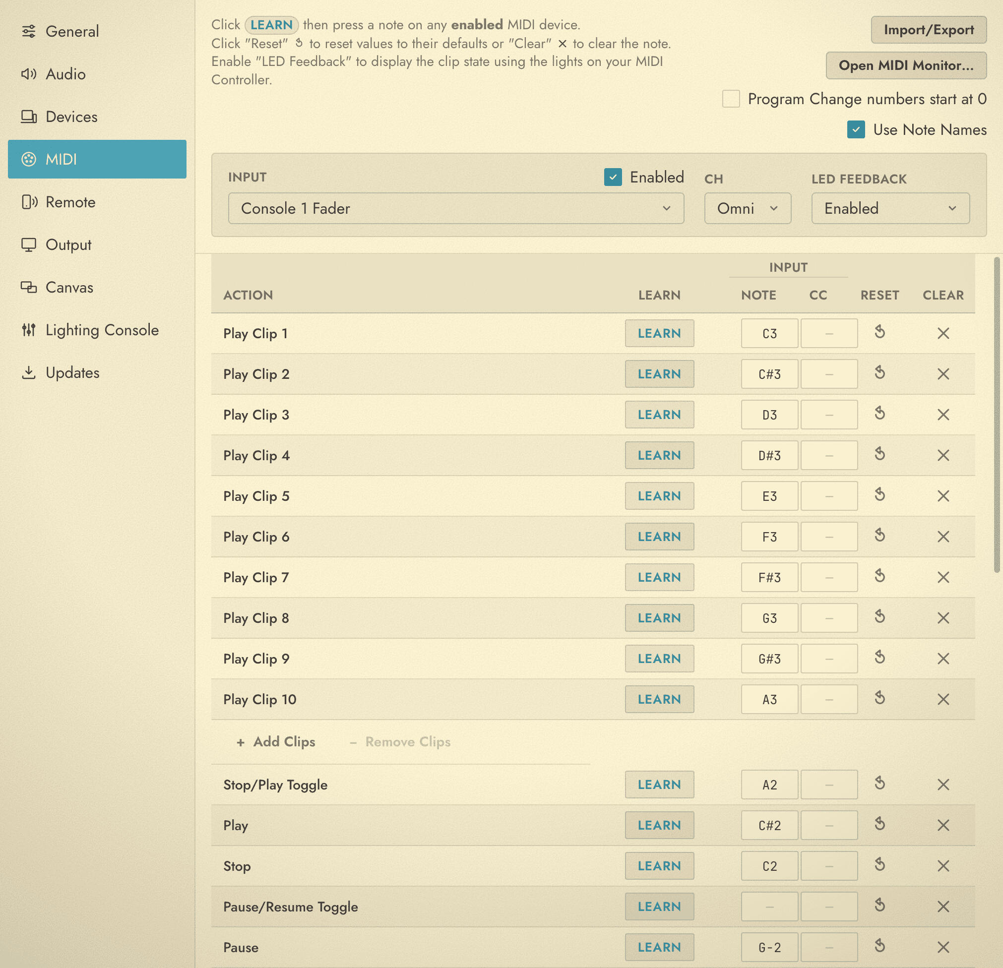 The MIDI category of the Settings window, showing the device bar above the mapping table