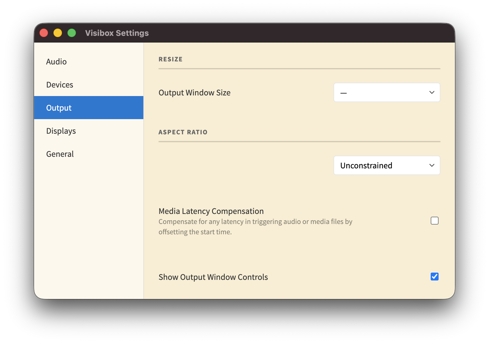 Output section showing window size presets, custom dimensions, and aspect ratio options