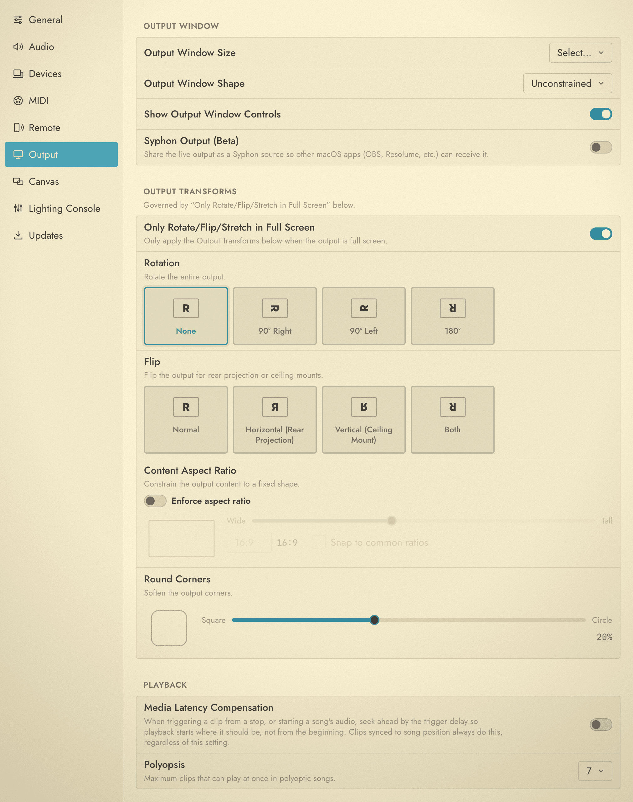 The Output tab of the Settings window showing the Output window, Output Transforms and Playback sections