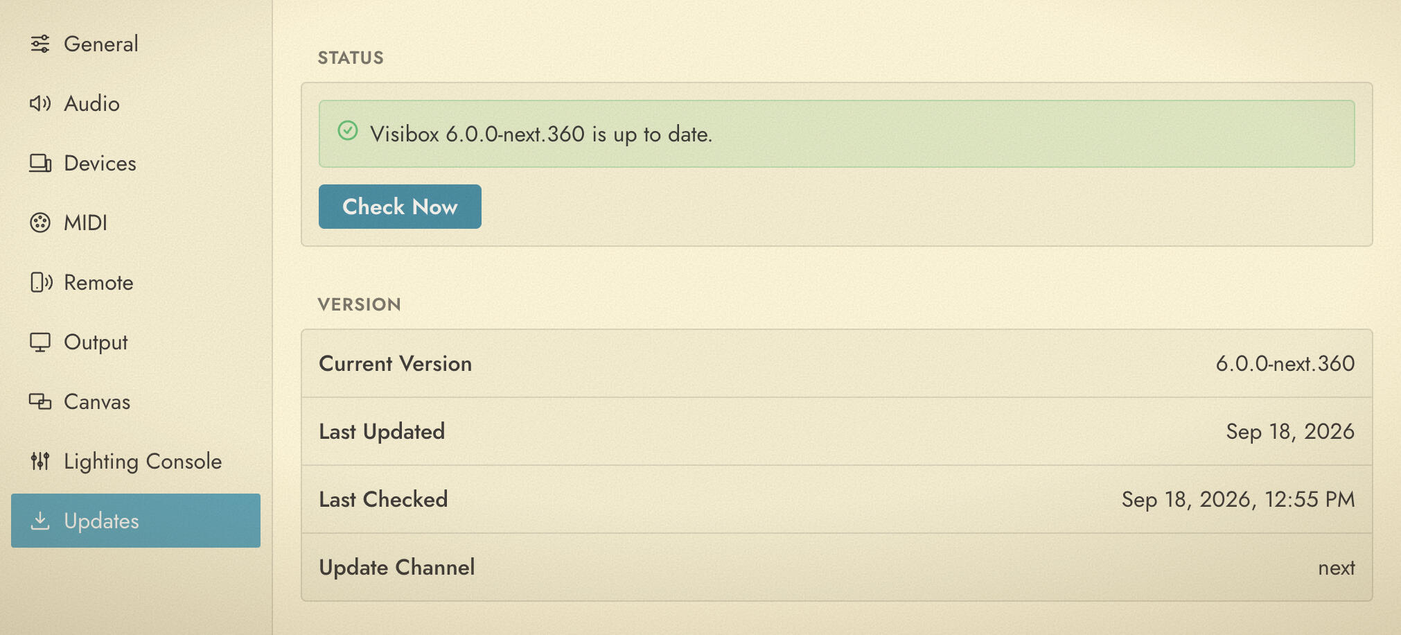 The Updates category of the Settings window, showing the status headline, version readout and release notes