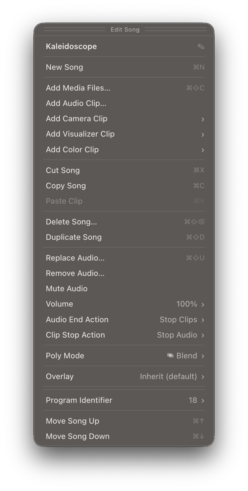 Song Editor Panel showing options for a Song with attached audio