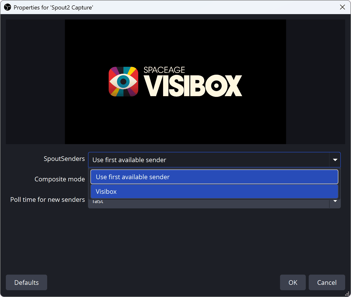 A Windows application listing a Visibox Spout source among its available inputs
