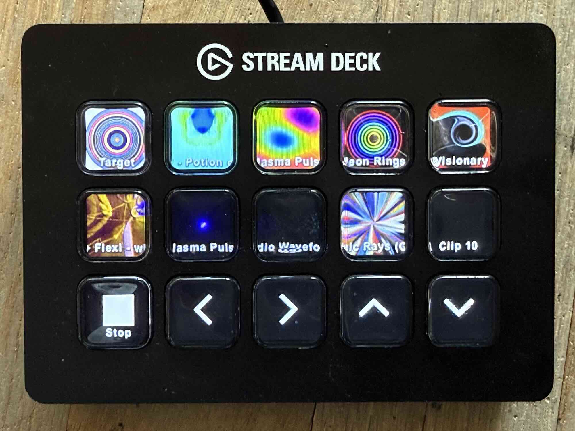Elgato Stream Deck with Visibox plugin showing live clip thumbnails on the buttons